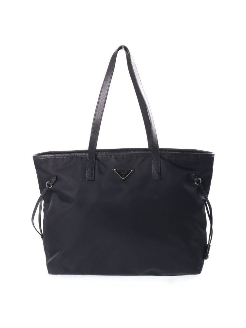 Prada Triangle Logo Tote Bag Black Saffiano Silver